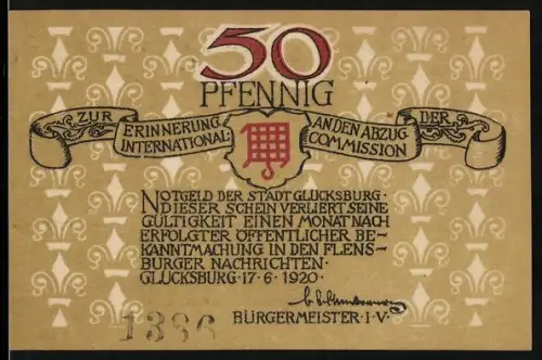 Notgeld Glücksburg 1920, 50 Pfennig, Küstenlandschaft mit Segelboot und Waldszene, Wappen