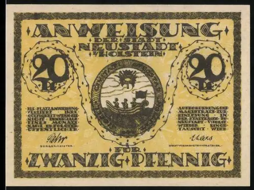 Notgeld Neustadt /Holstein, 20 Pfennig, Wikinger-Schiff und Gebäude mit Torbogen und Fenstern