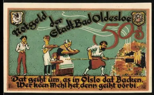 Notgeld Bad Oldesloe, 50 Pfennig, Bäcker und Landschaft mit Turm
