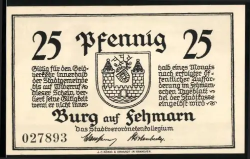 Notgeld Burg auf Fehmarn, 25 Pfennig, Wappen und Nerthus-Sage mit Stier und Vögeln