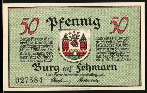 Notgeld Burg auf Fehmarn, 50 Pfennig, Stadtwappen und Landschaft mit Pflug