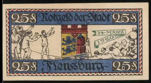 Notgeld Flensburg 1920, 25 Pfennig, Stadtmotiv mit Wappen und Datum 14. März 1920