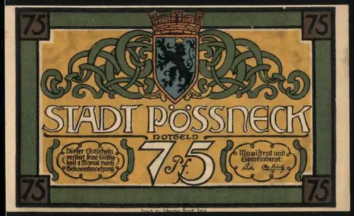 Notgeld Pössneck, 75 Pfennig, Ortsansicht bei Nacht und Wappen mit Ornamenten