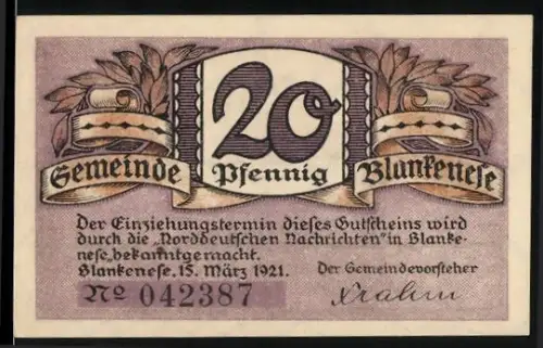 Notgeld Blankenese 1921, 20 Pfennig, Ortsansicht mit Schiffen und Rosenornamenten