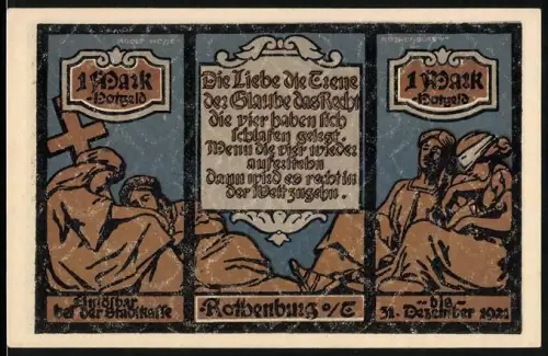 Notgeld Rothenburg 1921, 1 Mark, historische Ortsansicht und religiöse Szene mit Texttafel