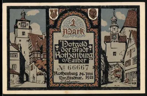 Notgeld Rothenburg 1921, 1 Mark, Ortsansicht und Allegorien der Tugenden