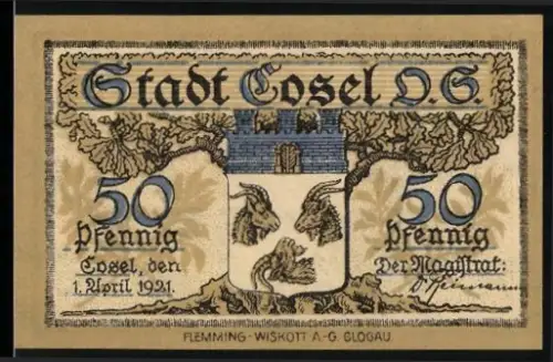 Notgeld Cosel /O.S. 1921, 50 Pfennig, Stadtwappen und Industrielandschaft