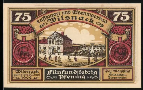 Notgeld Wilsnack 1922, 75 Pfennig, Ortsansicht und historische Szene von 1383