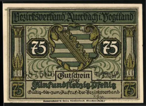 Notgeld Auerbach i. Vogtland, 75 Pfennig, Wappen und Frau mit Mann in Küche