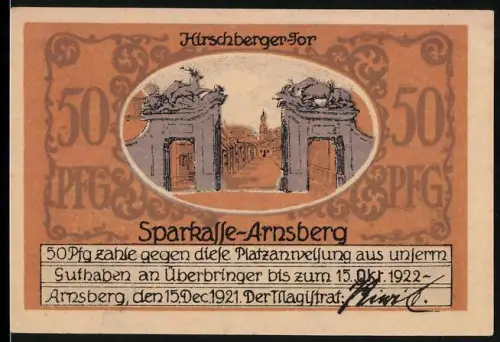 Notgeld Arnsberg 1921, 50 Pfennig, Hirschberger Tor und Ortsansicht mit Wappen