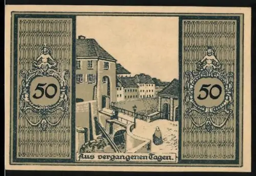 Notgeld Glatz, 50 Pfennig, Ortsansicht und Wappen mit Löwe
