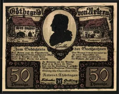 Notgeld Artern i. Thüringen 1921, 50 Pfennig, Goethe-Silhouette und historische Gebäude