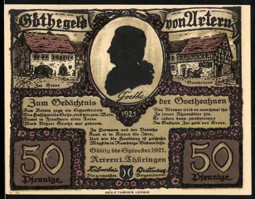 Notgeld Artern i. Thüringen 1921, 50 Pfennig, Goethe-Silhouette und historische Gebäude