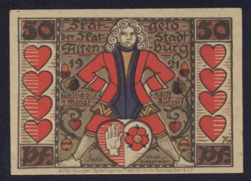 Notgeld Altenburg 1921, 50 Pfennig, Spielkarte mit Herzsymbolen und Wappen mit Hand und Rose