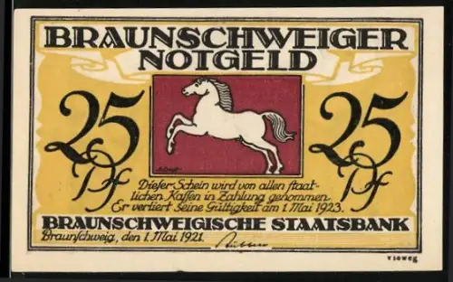 Notgeld Braunschweig 1921, 25 Pfennig, springendes Pferd und Blankenburg Schlossansicht