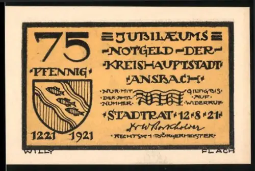 Notgeld Ansbach 1921, 75 Pfennig, Jubiläum und Rathausbau-Motiv mit Wappen