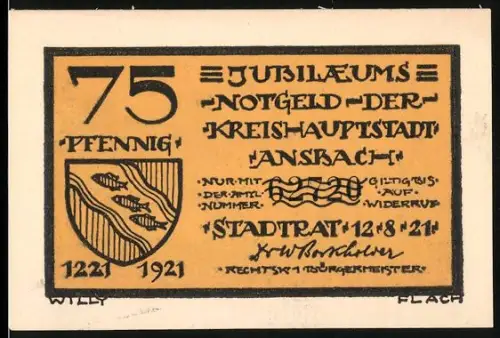 Notgeld Ansbach 1921, 75 Pfennig, Wappen und historische Szene von 1647 mit Reitern und brennenden Häusern