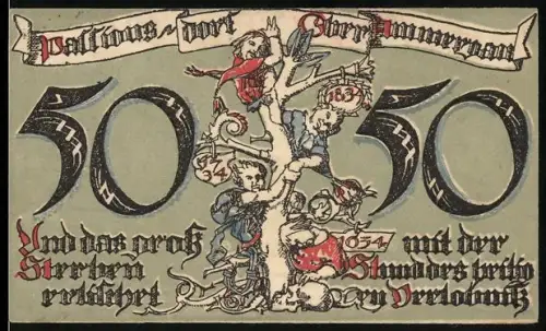 Notgeld Oberammergau 1921, 50 Pfennig, Landschaft und Baum mit Figuren