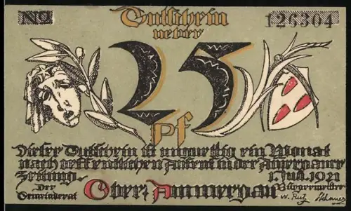 Notgeld Oberammergau 1921, 25 Pf, Gesicht, Wappen und Kreuzdenkmal mit Landschaft