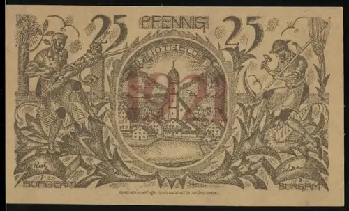 Notgeld Oberammergau 1921, 25 Pfennig, Ortsansicht und Passionsspiel-Szene