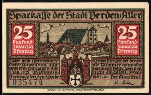 Notgeld Verden /Aller 1921, 25 Pfennig, Ortsansicht und Silhouetten von Störtebekers Legende