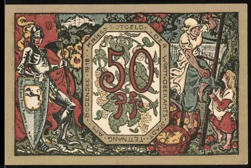Notgeld Tettnang 1918, 50 Pf, Gärtnerin mit Kind und Ritter mit Schild
