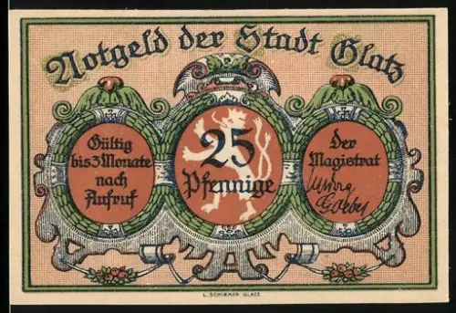 Notgeld Glatz, 25 Pfennig, Wappen und historische Stadtszene mit Kirche und Schlossportal