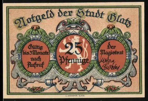Notgeld Glatz, 25 Pfennig, dekoratives Wappen und historische Stadttor-Szene