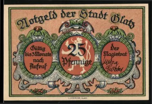 Notgeld Glatz, 25 Pfennig, Löwenwappen und historische Ortsansicht