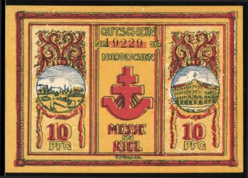 Notgeld Kiel 1921, 10 Pfennig, Nordische Messe mit Ortsansicht und Gebäudemotiv