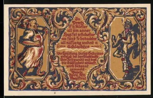 Notgeld Preetz i. Holst., 50 Pf., Handwerker und Tänzer mit Wappen und Fischmotiv