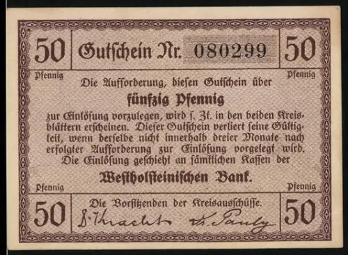Notgeld Dusenddüwelswarf, 50 Pfennig, steinerne Architektur und Inschrift Dat is in Godt gedan