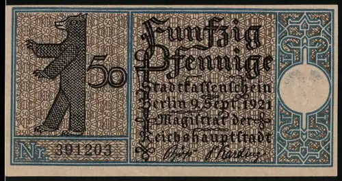Notgeld Zehlendorf 1921, 50 Pfennig, Berliner Bär und Kirche in Dahlem aus dem 14. Jahrhundert