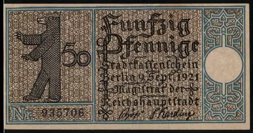 Notgeld Wilmersdorf 1921, 50 Pfennig, Berliner Bär und Jagdschloss Grunewald im 16. Jahrhundert