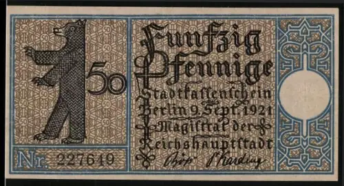 Notgeld Charlottenburg 1921, 50 Pfennig, Berliner Bär und Charlottenburg-Strassenszene um 1820
