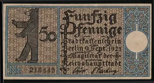 Notgeld Köpenick 1921, 50 Pfennig, Bär und Segelschiff auf der Spree