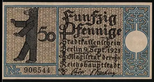 Notgeld Lichtenberg 1921, 50 Pfennig, Bär und Dorfszene von 1790