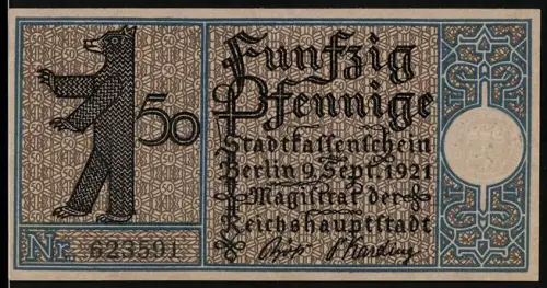 Notgeld Treptow 1921, 50 Pfennig, Berliner Bär und Gasthaus am Wasser