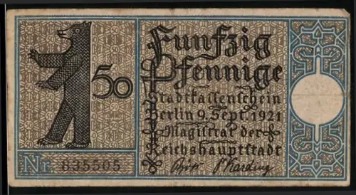 Notgeld Neukölln 1921, 50 Pfennig, Bär und Dorfszene Rixdorf