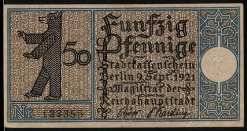 Notgeld Steglitz 1921, 50 Pfennig, Bär und frühere Kirche von Steglitz