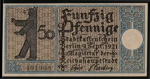 Notgeld Treptow, 50 Pf., Gasthaus und Landschaftsszene mit Boot und Bäumen