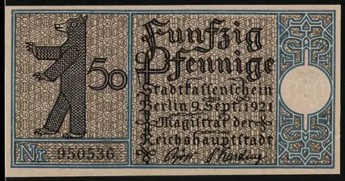Notgeld Friedrichshain 1921, 50 Pfennig, Berliner Bär und Überfahrt zum Stralauer Fischzug 1825