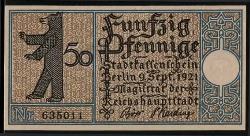Notgeld Wedding 1921, 50 Pfennig, Berliner Bär und Gesundbrunnen 1760