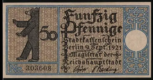 Notgeld Prenzlauer Berg 1921, 50 Pfennig, Berliner Bär und Mühlenberg vor dem Prenzlauer Tor
