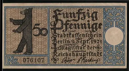 Notgeld Tiergarten 1921, 50 Pfennig, Berliner Bär und Dampfschiff der Linie Zelten-Charlottenburg um 1830