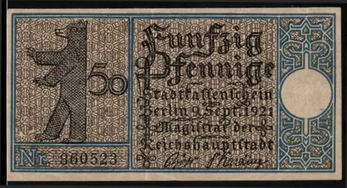 Notgeld Reinickendorf 1921, 50 Pfennig, Berliner Bär, Mühle in Tegel um 1800