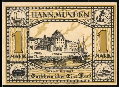 Notgeld Hann. Münden 1922, 1 Mark, Ortsansicht mit Segelbooten und Weserstein mit Wappen