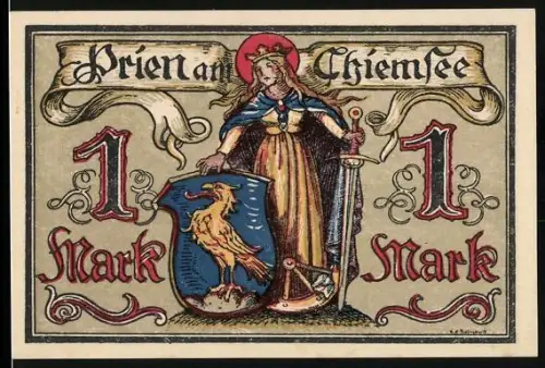 Notgeld Prien am Chiemsee 1920, 1 Mark, Jungfrau mit Schwert und Wappen mit Adler