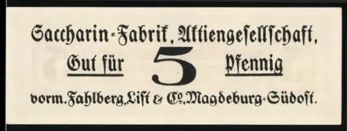 Notgeld Magdeburg, 5 Pfennig, Gutschein der Saccharinfabrik Aktiengesellschaft