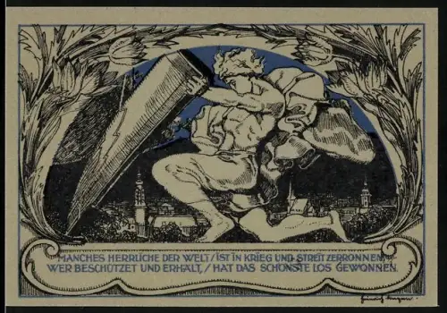 Notgeld Weimar 1921, 50 Pfennig, mythologische Figur und Porträt eines Mannes